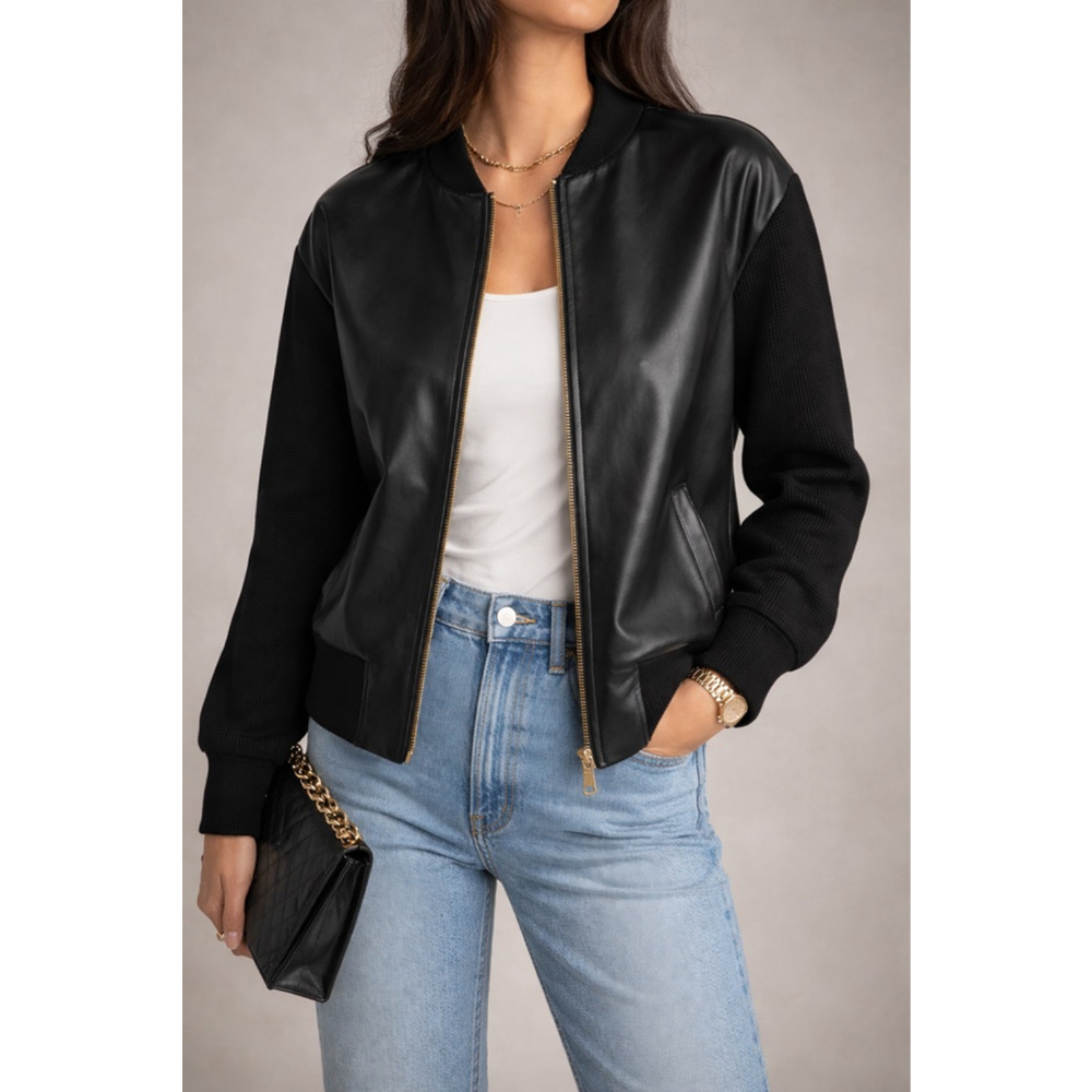 La Vila Milano Faux Leather Sweater Bomber Jacket Women’s Large Black Gold Zip L